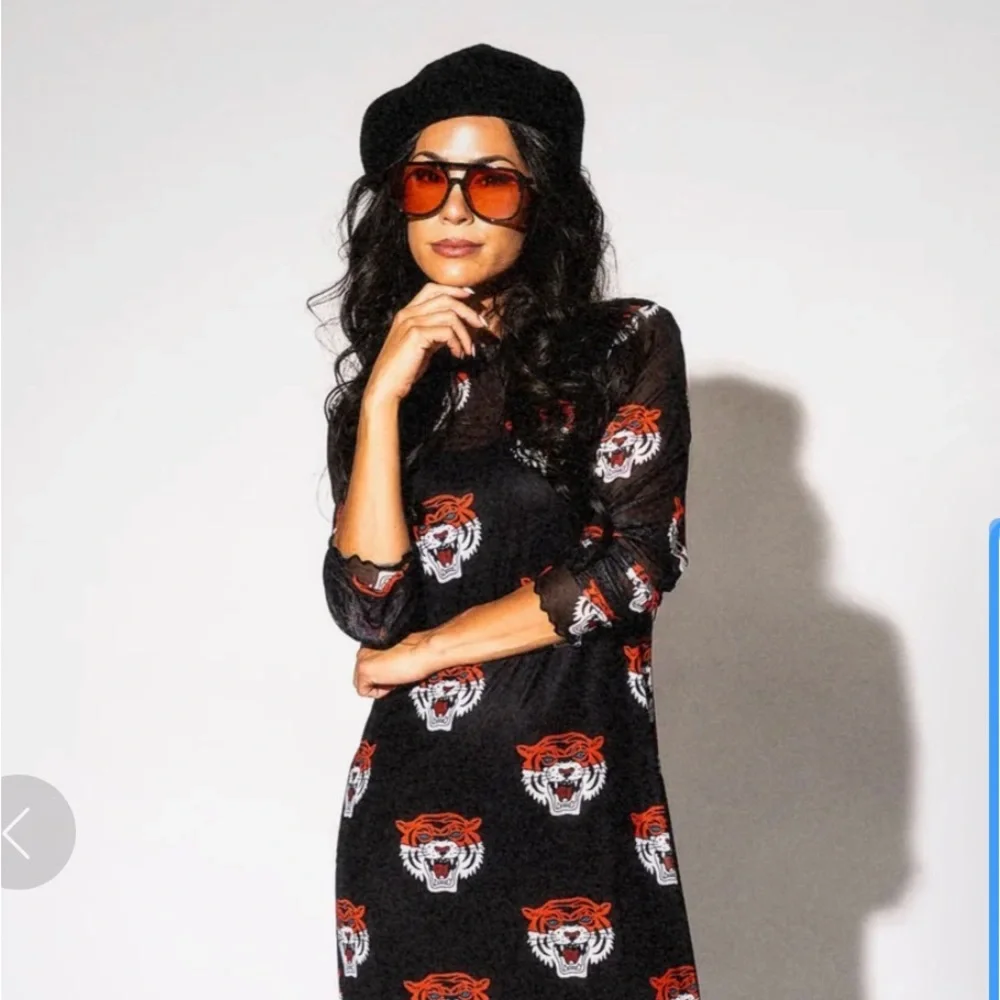 Dressed in LALA Black Mesh Dress with Red and White Tiger Print - Picture 2 of 6